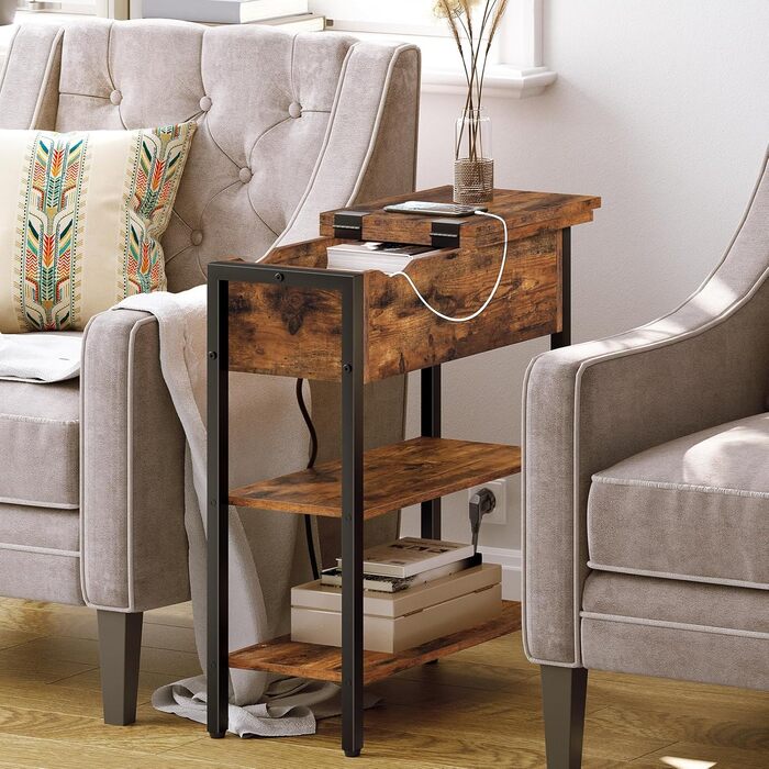 Журнальний столик HOOBRO, відкидний диван-столик із зарядною станцією та полицею для зберігання, вузька тумбочка для невеликих приміщень, спальня, вітальня, міцний, темно-коричневий EBF342BZ01 темно-коричневий чорний 1