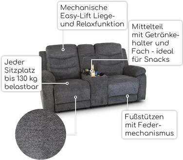 Крісло для кіно Raburg, 2-місне крісло для телевізора з механічною функцією розслаблення та відкидання, легким підйомом, підстаканником, відділенням для закусок, комфортною підкладкою, вантажопідйомністю 130 кг на сидіння Pixx, мікрофібра Темно-сірий Темн