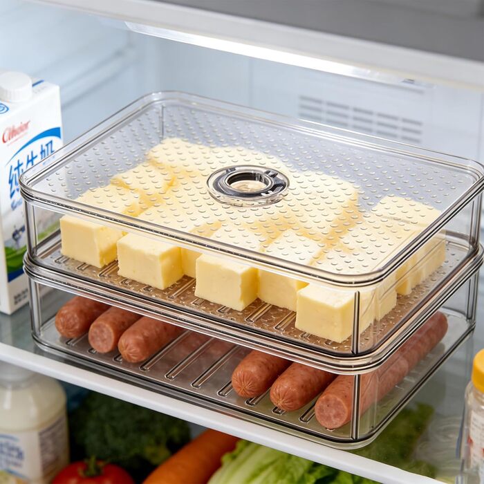 Двошарова коробка для сиру з кришкою контейнер для зберігання сиру, що штабелюється, прозора коробка для зберігання сиру, ковбас, ковбас та інших продуктів у холодильнику, двошаровий контейнер для зберігання сиру на кухні
