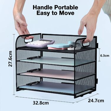 Металевий лоток для листів/документів А4, 4 відділення, лоток для паперу, що штабелюється, система подачі з сітчастою структурою та ручкою, чорний, компактний, 32,8 x 24,7 x 27,6 см, 4 відділення - чорний