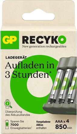 Зарядний пристрій GP ReCyko USB AA AAA, включаючи 4 акумуляторні батарейки AAA 850 мАг, NiMH 1.2V, зарядний пристрій з акумуляторними батарейками AAA