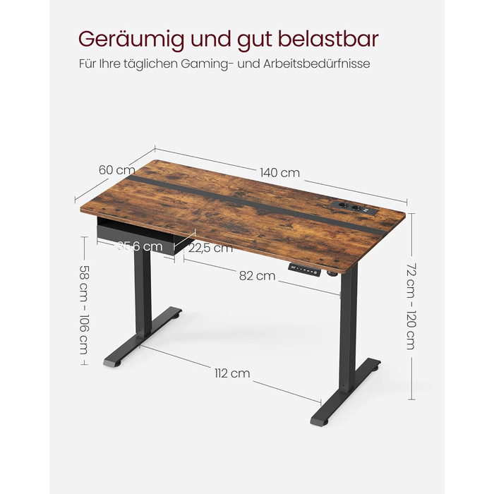 Електричний стіл VASAGLE з регульованою висотою, розеткою та шухлядою, 60 x 140 см, плавне регулювання висоти, функція пам&39яті з 4 висотами, вінтажний коричнево-чорний LSD114X01 140 x 60 см, вінтажний коричневий чорний