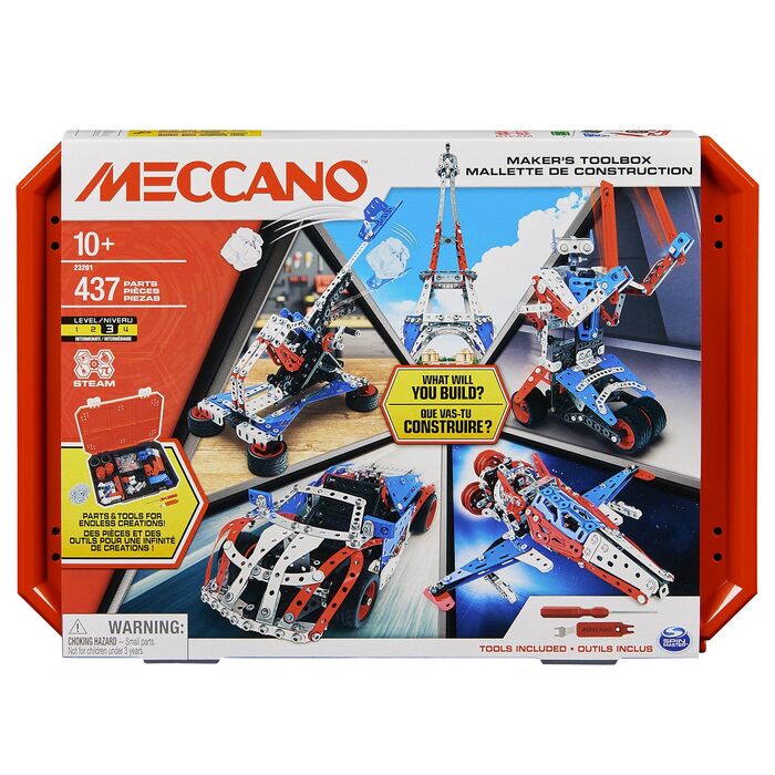 Конструктор BANDAI Meccano Baukoffer 5-в-1 транспорт, роботи, Ейфелева вежа 437 деталей, інструменти та інструкція, ігровий набір для дітей від 10 років, APM20106