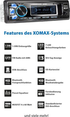 Автомагнітола XOMAX XM-R265 з системою гучного зв'язку Bluetooth I Функція заряджання смартфона через 2-й USB-порт I Carbon Optic I 7 світлодіодів з регулюванням кольорів I RDS I USB, SD, MP3, AUX I 1 DIN