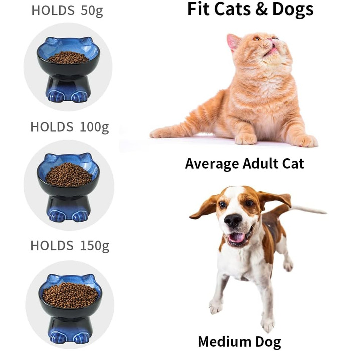 Набір мисок Nihow Raised Cat Dog керамічні миски для їжі та води 15,7 см для захисту хребта домашніх тварин, аксесуари для годування та водопій для котів та маленьких собак, елегантний синій та