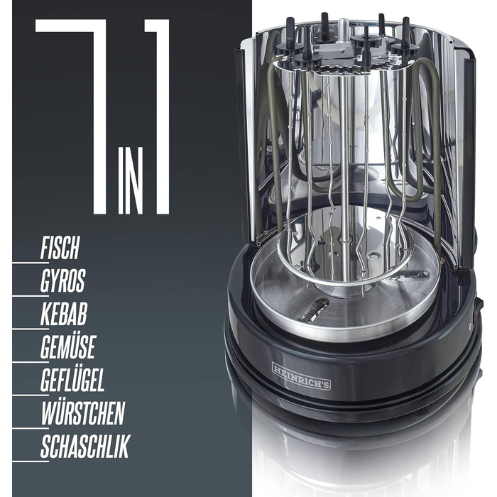 Шашличний гриль HEINRICHS для дому, шашлик гриль гриль з курки гірос шашлик, гриль гриль, електрогриль, барбекю, настільний гриль, вертикальний гриль з нержавіючої сталі в т.ч. 6 шашликів для шашлику, Heinrich's