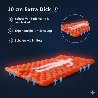 Килимок для сну для 2 осіб, надувний матрац для кемпінгу товщиною 10 см з вбудованим ножним насосом та подушкою, надлегкий килимок для сну 195x130 см, надувний матрац для намету, походів, пляжу та подорожей