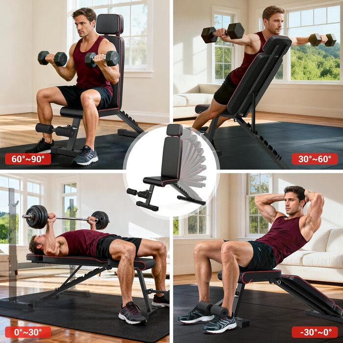 Силова лава XDDIAS, регульована в 10 напрямках тренувальна лава з подовженим підголівником, складна до 360 кг, лава з нахилом, горизонтальною поверхнею та нахилом для домашнього фітнесу, компактна фітнес-лава для невеликих будинків