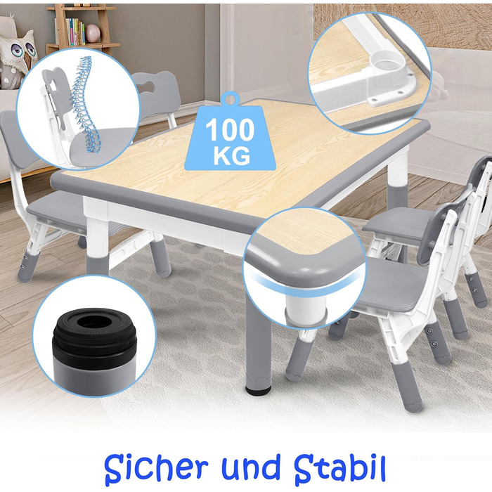 Дитячий стіл з 2 стільцями, регульована по висоті 3-секційна дитяча комплектація сидінь, пластикові меблі для дитячої кімнати, ігровий стіл/парта для дітей віком від 2 років, 80x60 см
