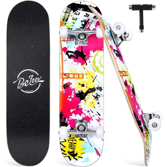 Круїзерний скейтборд 38 дюймів - повний комплект для дітей, підлітків та дорослих, 7-шарова увігнута дека з канадського клена Double Kick, універсальний T-Tool, для початківців з графіті дизайном