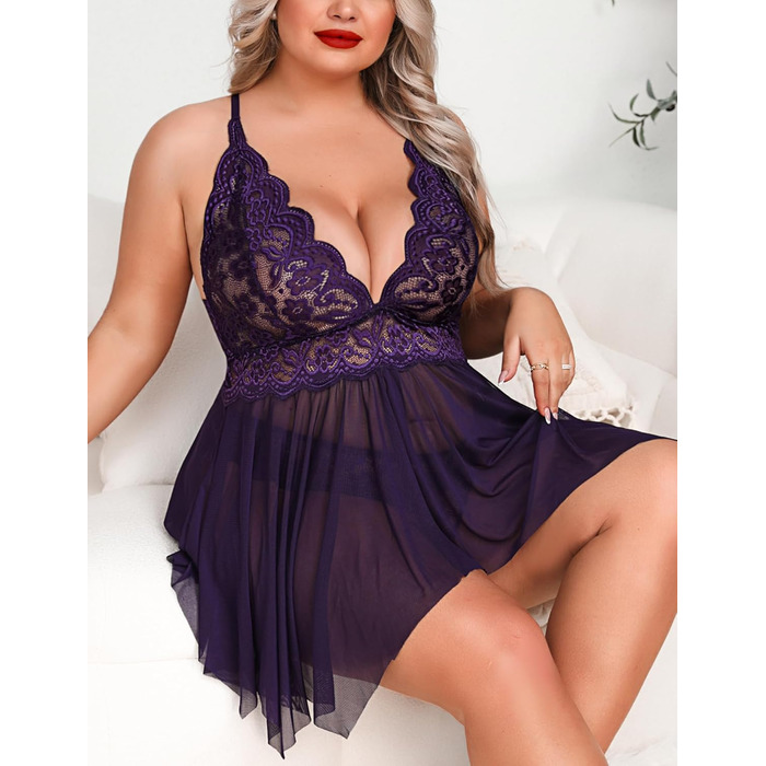 Жіночий нічний комплект Aranmei, мереживний, відкритий, великі розміри, фіолетовий, 3XL