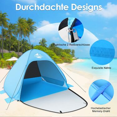 Розкладний пляжний намет для 2-3 осіб, автоматичний пляжний кемпінговий намет, захист UV50, портативний надлегкий пляжний намет для сімей, пляжний кемпінг, садовий з сумкою для перенесення, небесно-блакитний