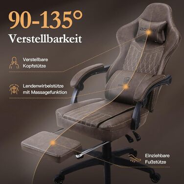 Ігрове крісло Dowinx з пружинною подушкою, гоночне ігрове крісло з масажною поперековою опорою, ергономічне ігрове крісло з підставкою для ніг, офісне крісло, шкіра штучна, коричневий колір