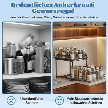 Розсувна 2-рівнева підставка для спецій, стояча шухляда для спецій, регульований по висоті органайзер для спецій з ПВХ-вставкою та присоскою, органайзер для кухонної шафи, стоячий, нековзний (28x24x23 см) 28*24*23