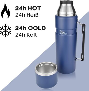 Термос Milu 1 л - Термос-пляшка з ручкою - Ізольована пляшка - Ізольована питна пляшка з нержавіючої сталі, 100 герметична, з подвійною стінкою (темно-синій, 1000 мл) Темно-синій 1000 мл