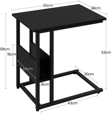 Приставний столик Журнальний столик Диванний столик Тумбочка Приліжковий столик Столик для ноутбука, металевий каркас, стільниця з ДСП, 55x36x59,5 см (ШxГxВ), чорний TS79sz