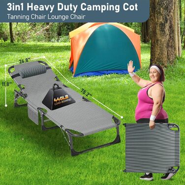 Розкладний шезлонг, вантажопідйомність 200 кг, розкладне гостьове ліжко з матрацом, бічні кишені та підголівник, регульована спинка, легко збирається, підходить для саду, засмаги, офісу, сірий