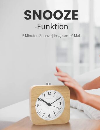 ВищеГодинник будильник аналоговий без цокання, будильник дерев'яний з дрімотою, тумбочка настільний годинник з нічником, ретро-будильник аналоговий на батарейках (потрібна батарея 1*AA - натуральне дерево світло-коричневого кольору (квадрат, світло-коричн