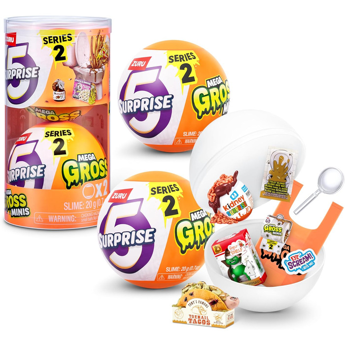 Від ZURU, упаковка з 2 шт. , капсули-сюрпризи для хлопчиків віком від 3 років, серія веселих мініатюр, серія іграшок Gross 2, 2 капсули, 5 Surprise Mega Gross Minis