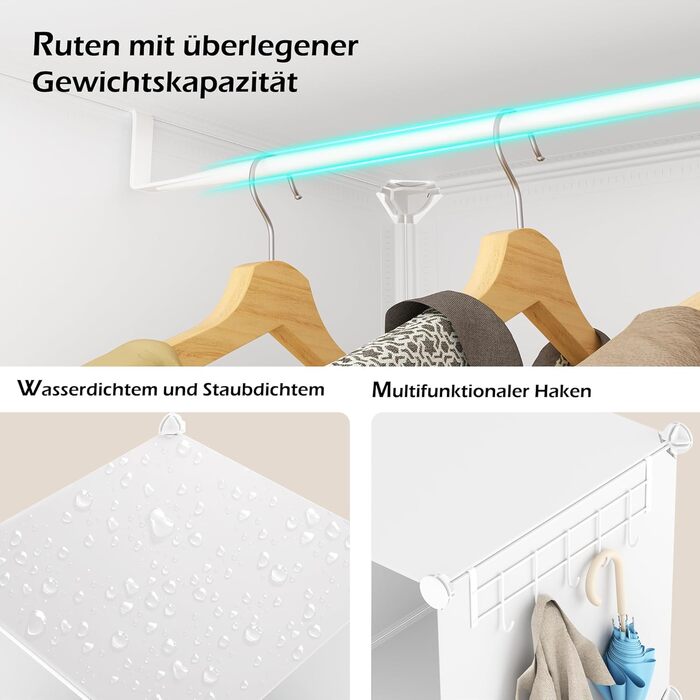 Шафа HOMIDEC, Портативна система полиць, Пластикова шафа на 20 кубів з 2 рейками для одягу, Шафа для спальні, Біла, 180 x 142 x 45 см, 20 кубів, Повністю біла