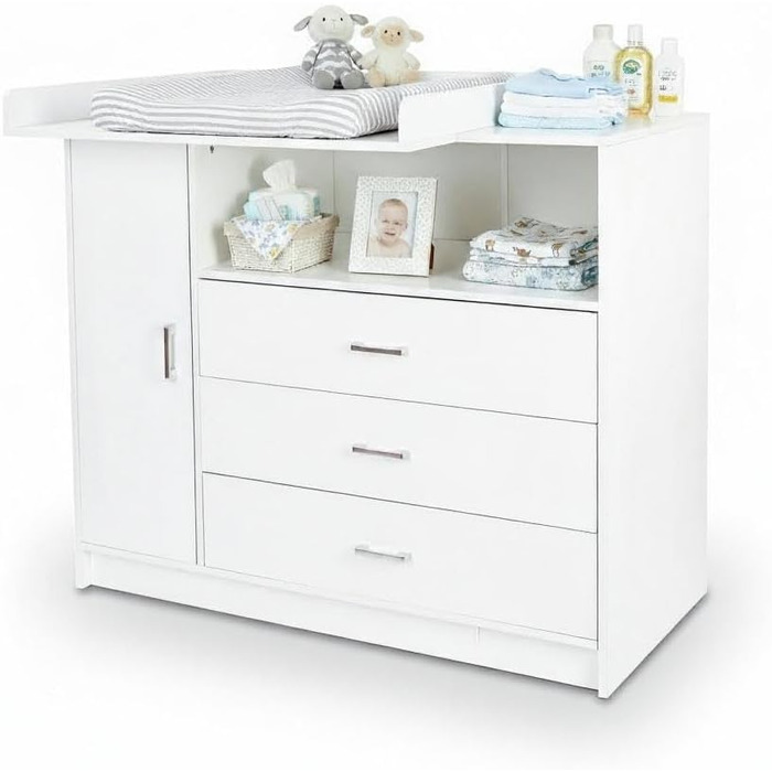 Пеленальний столик ecomi, дитячий комод з дерева з пеленальною тумбою, 3 шухляди, 1 дверцята, висота 100 см, білий колір, пеленальний столик 113x100 см, хромовані ручки