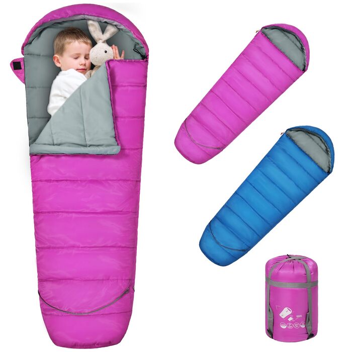 Дитячий спальний мішок REDCAMP для хлопчиків та дівчаток 175 x 65 см, матусин спальний мішок, зручний, легкий та теплий з регульованою довжиною, 3 сезони, підходить для кемпінгу та активного відпочинку, синій/рожевий