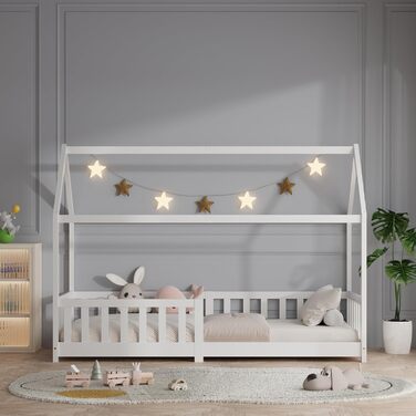 Дитяче ліжко ecomi 80x160 Ліжко на підлозі Дитяче ліжко-ліжко-будиночок із захистом від падіння та рейковою основою для дітей Дитячі ліжка для дівчаток та хлопчиків Масив сосни білого кольору 80x160 Білий