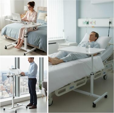 Мобільний столик для ліжка на колесах, регульована висота бічного столика 60-90 см та кут нахилу, столик для догляду за ліжком, столик для ноутбука, столик для дивана на колесах, столик для стояння зі звукоізоляцією (білий)