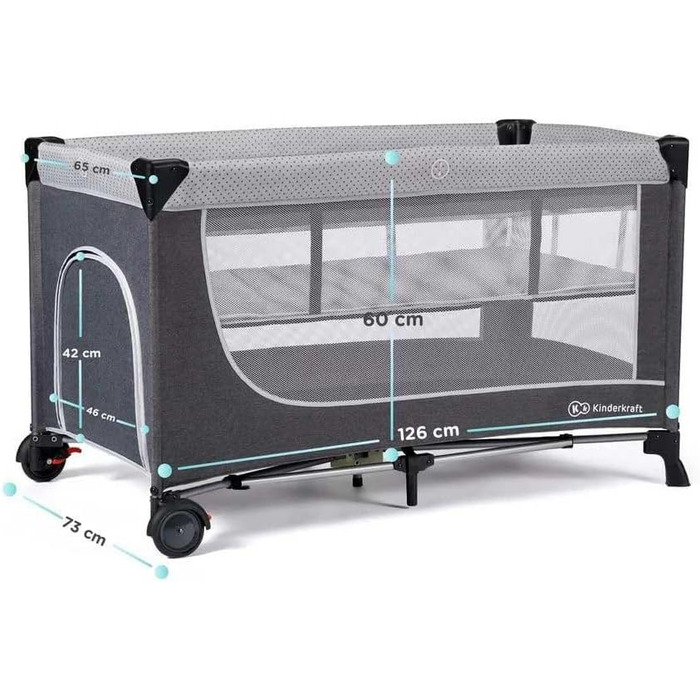 Дитяче ліжечко Kinderkraft LEODY зі спальним місцем 120 x 60 см, регульоване по висоті, з колесами, швидко та легко складається та розкладається, забезпечує циркуляцію повітря, легко транспортується з сумкою для перенесення, сірого кольору.