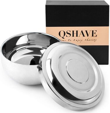 Чаша для гоління QSHAVE, для мила, виготовлена з нержавіючої сталі, з кришкою, діаметр 10,2 см, глибока, хромована