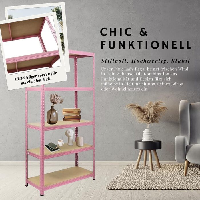Надміцний стелаж PROREGAL PINK Lady, ВxШxГ 180x90x40 см, вантажопідйомність полиці 175 кг, 5 полиць, рожевий, підвальний стелаж, стелаж без ригелів, гаражний стелаж, стелаж для зберігання 180x90x40 см рожевий
