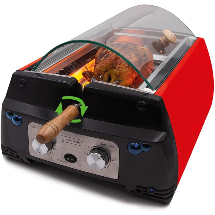 Червоний - Гриль для приміщень, ротаційний гриль і настільний гриль - Гриль для курки - Електричний гриль - Максимальна місткість - Функція автоматичного відключення - Duo інфрачервоні нагрівальні елементи