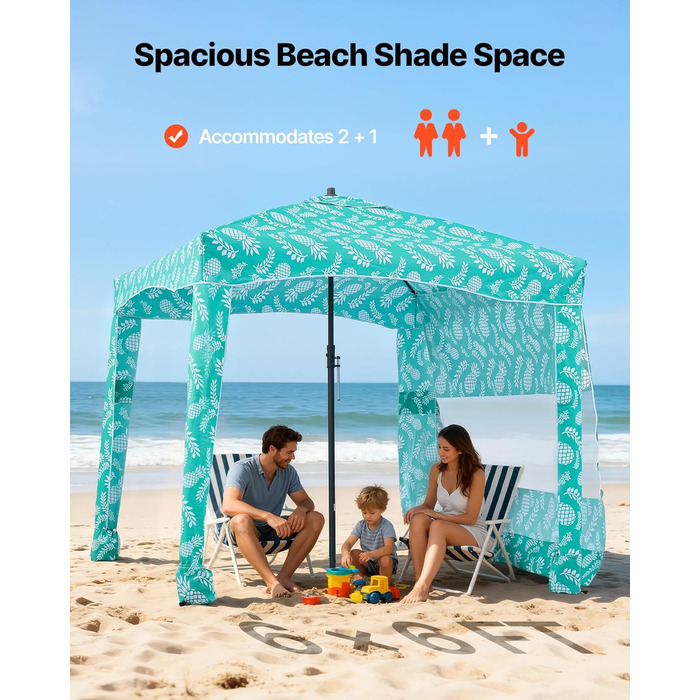 Пляжний навіс VEVOR 183 x 183 см з бічною стінкою, захист від сонця UPF 50, пляжний павільйон з мішками з піском, портативна парасолька від сонця для всієї родини та друзів, світло-зелений візерунок 6*6