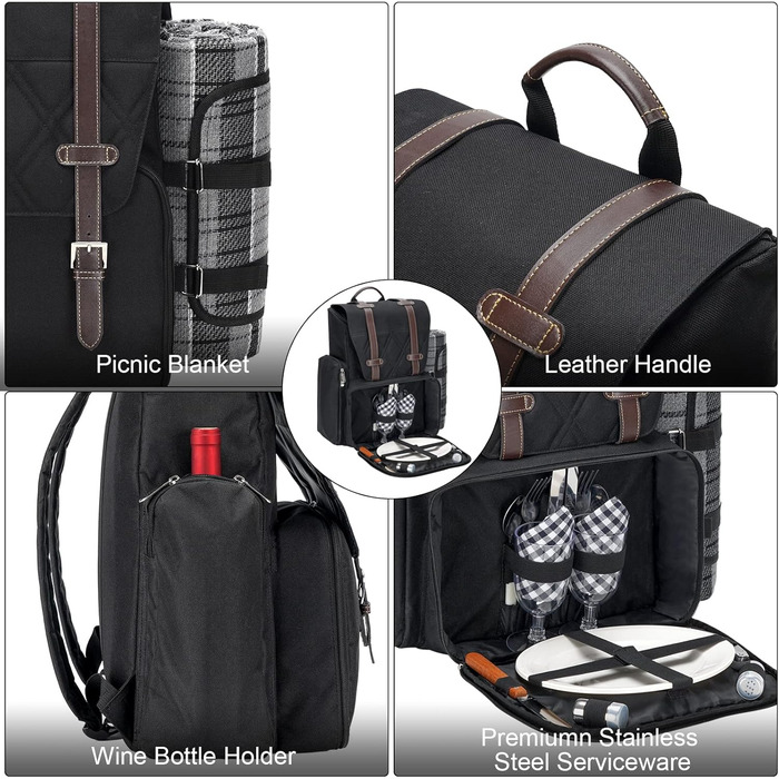 Рюкзак для пікніка на 4 особи з великою ізольованою сумкою-холодильником, набором кошика для пікніка з сумкою для вина, водонепроникною ковдрою для пікніка та набором столових приборів. Ідеально підходить для пляжу, вечірок, весільний подарунок для пар. 4
