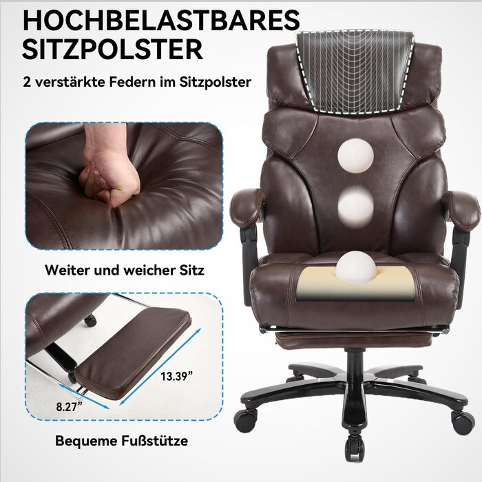 Велике та високе крісло керівника зі штучної шкіри, ергономічне офісне крісло 210 кг з підставкою для ніг, крісло для домашнього офісу з регульованою високою спинкою, обертове крісло з підголівником, комп&39ютерне крісло, коричневе