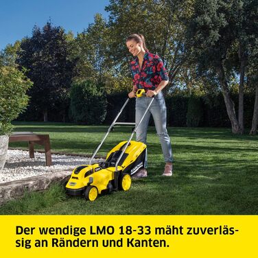 Акумуляторна газонокосарка Krcher 18 В LMO 18-33, ширина зрізу 33 см, регульована висота зрізу 35-65 мм, клин для мульчування, травозбірник 35 л, можна використовувати з акумулятором Krcher 18 В, продуктивність макс. 250 м, без акумулятора без акумулятора