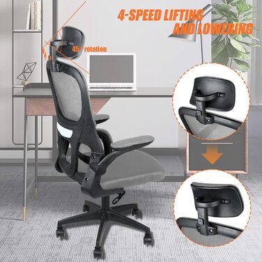 Ергономічне офісне крісло OHMG з дихаючою сітчастою спинкою та сидінням, регульованою по висоті, комп&39ютерне крісло з можливістю нахилу та коліщатками, ігрове крісло, офісне крісло (сіре, 125 x 65,5 x 64 см) Сірий 125 x 65,5 x 64 см