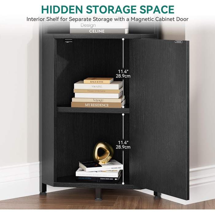 Кутова полиця YITAHOME з 4 полицями, промислова книжкова шафа з шафою, окремостояча дерев&39яна книжкова шафа, полиці для зберігання речей для вітальні, домашнього офісу, коридору, чорна стояча полиця