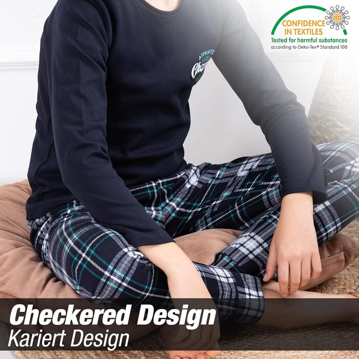 Комплект піжами/костюму LOREZA для хлопчика з довгими рукавами, 100 бавовняний інтерлок, картатий, теплий, розмір 140-146, модель 1