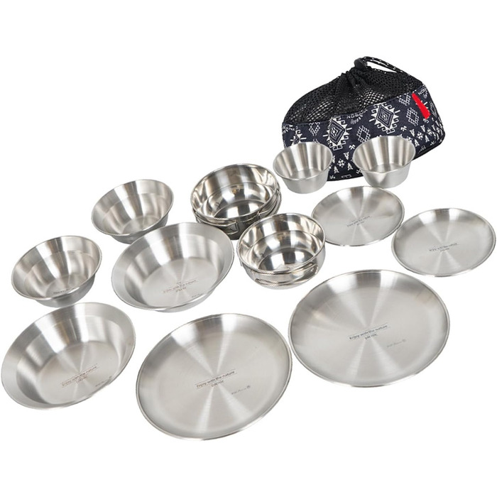 Набір туристичного посуду з нержавіючої сталі на 12 осіб, сріблястого кольору, штабельований, для подорожей та щоденного використання, ідеальний для кемпінгу та пікніків