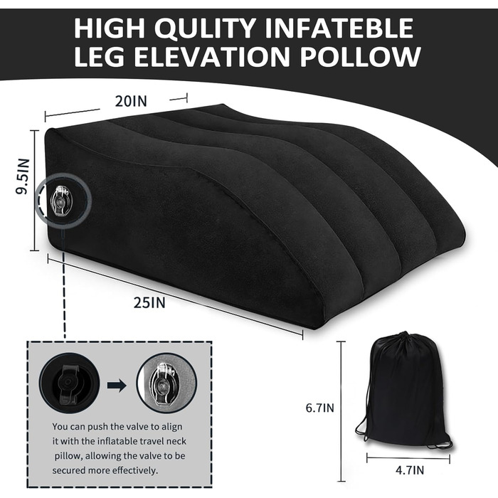 Подушка для підняття ніг, надувна подушка для підтримки ніг для сну, комплект клиноподібної подушки та маски для сну, для вагітних та післяопераційного відновлення, подушка для підтримки ніг для зняття тиску на ноги та покращення кровообігу (чорна)