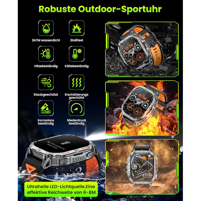 Розумний годинник для чоловіків, 2,13-дюймовий AMOLED чоловічий військовий розумний годинник, світлодіодний ліхтарик, компас, понад 100 спортивних режимів, фітнес-годинник, акумулятор 580 мАг, Bluetooth-дзвінки для iOS та Android (чорний)