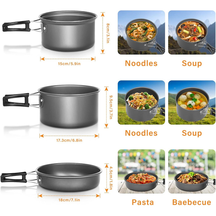 Набір посуду Lixada для кемпінгу каструля, сковорода та столові прибори для приготування їжі на 1-2 особи з сумкою для зберігання