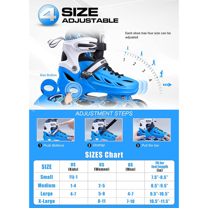 Роликові ковзани METROLLER для дівчаток та хлопчиків, жінок, чоловіків, 4 розміри, регульовані роликові ковзани з колесами, що сві