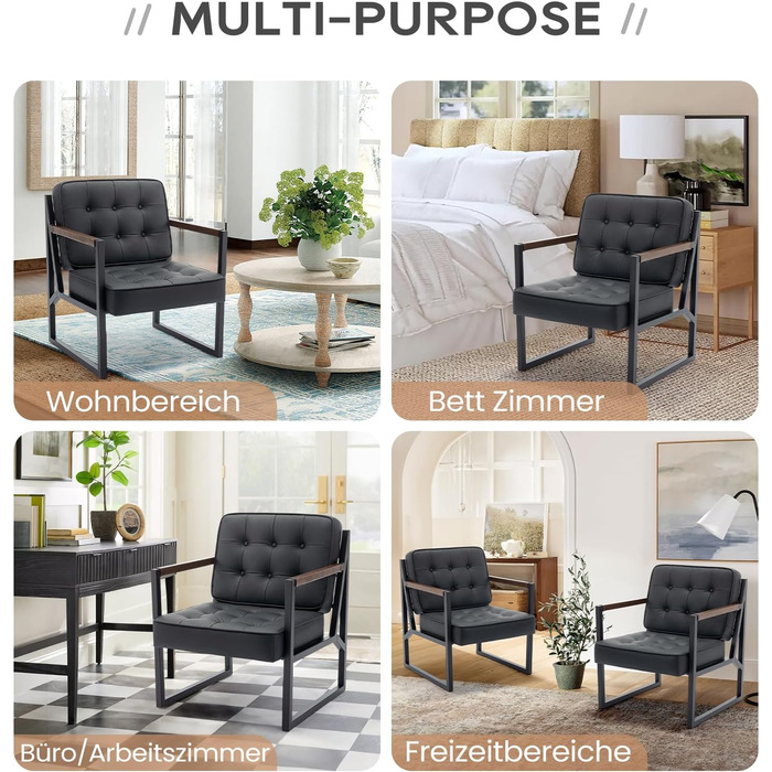 Крісло COLAMY з відкидною спинкою, крісло для вітальні, шкіряне крісло-акцент, сучасне крісло зі штучної шкіри середини століття з металевими ніжками для вітальні, спальні, приймальні, кімнати очікування, чорне 2