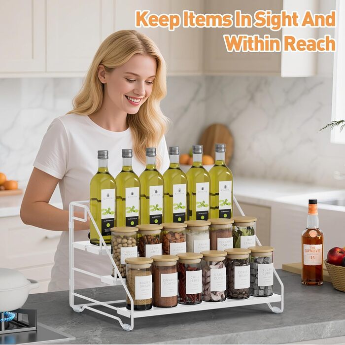 Рівнева підставка для спецій, металева підставка для спецій, регульована без свердління, тримач для спецій, органайзер для підставок для спецій для кухні, шафи та стільниці, компактна кухонна полиця (біла), 4-