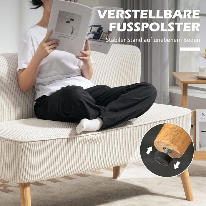 Місний диван HOMCOM, невеликий двомісний диван з вельветовим ефектом, сучасний м&39який диван для вітальні, спальні, невеликого простору, кремово-білий, 117 x 56,5 x 77 см, 2-