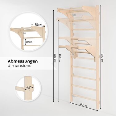 Шведська стінка з турніком для дорослих (230 см), дерев&39яна стінка для скелелазіння, багатофункціональне фітнес-обладнання, драбина для скелелазіння для дорослих та дітей, 100 ЕКО, зроблено в ЄС з кільцями для гімнастики DIP