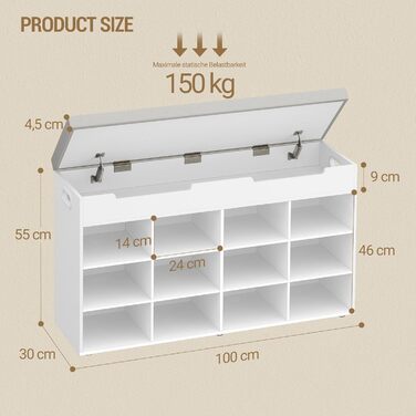 Лавка для взуття Hzuaneri, полиця для взуття із сидінням, лавка для зберігання, 12 відділень, знімні полиці, підходить для вітальні, коридору, входу, 30 x 100 x 55 см, білий SB53503GY