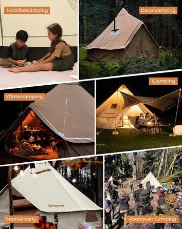 Намет для глемпінгу KingCamp, намет-дзвін для 6-12 осіб, 4-6,7 м, чиста бавовна/TC бавовна, водонепроникний, сімейний намет для відпочинку на природі з ПВХ-підкладкою, фестивальний намет для сімей та кемпінгових груп KHAN 4M T/C 210g Base Camp